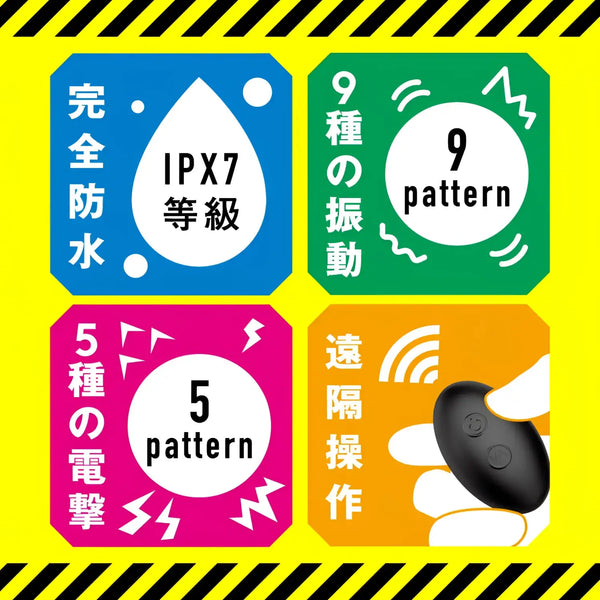 Product feature icons showing remote electroshock prostate and vibrator functions for Mesuochi Back Vibe