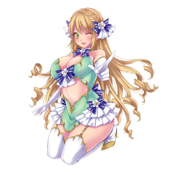 Anime-style female with blonde hair in green white blue outfit for RIDEJAPAN x MODE pleasure labyrinth spiral pulse onahole