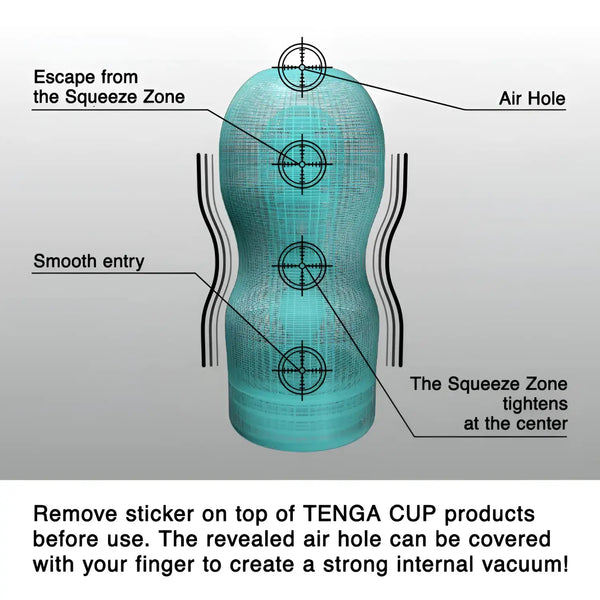 Aqua-colored TENGA ROLLING HEAD CUP with labeled sections for smooth entry and vacuum