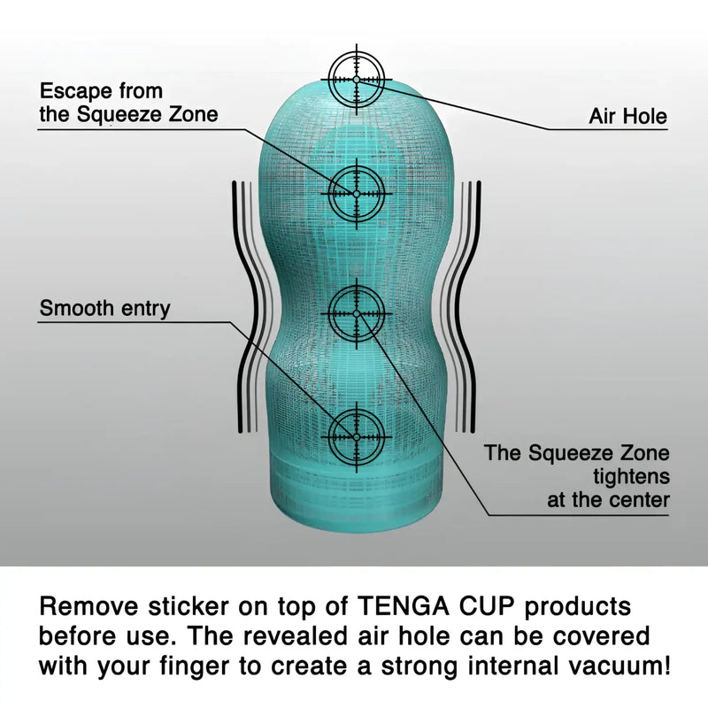 Aqua-colored TENGA ROLLING HEAD CUP with labeled sections for smooth entry and vacuum