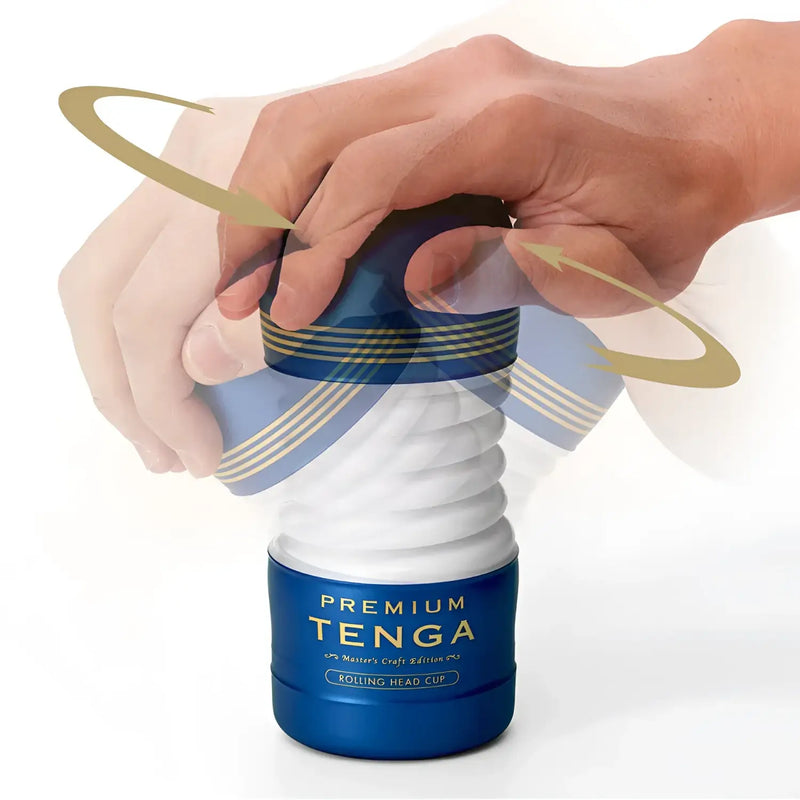 Blue and white ribbed TENGA PREMIUM ROLLING HEAD cup with rotating top for ultimate pleasure