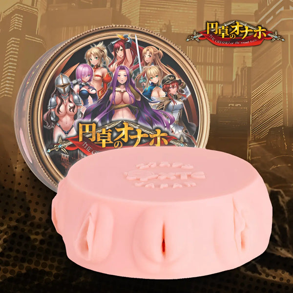 Pink silicone round table knights soap with embossed design and red center