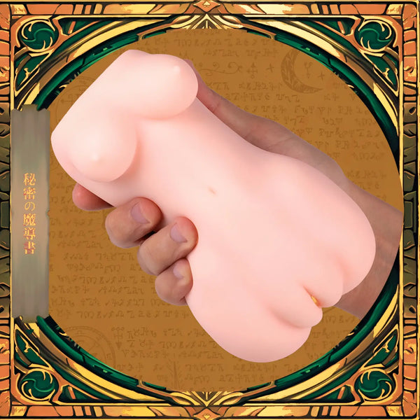 Pink silicone torso toy in Seiraku Toys secret spellbook onahole