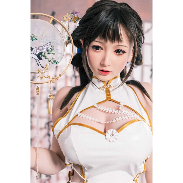 Aitia silicone doll with white gold embroidered floral fan