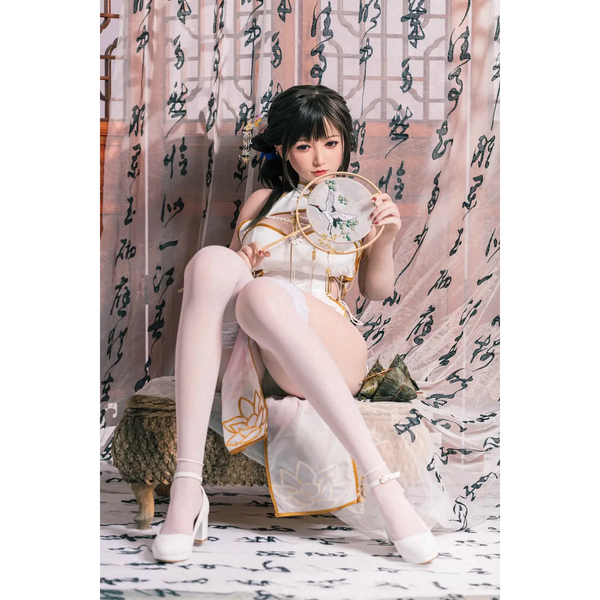 Aitia silicone doll in white lace satin dress with floral embroidery and heels