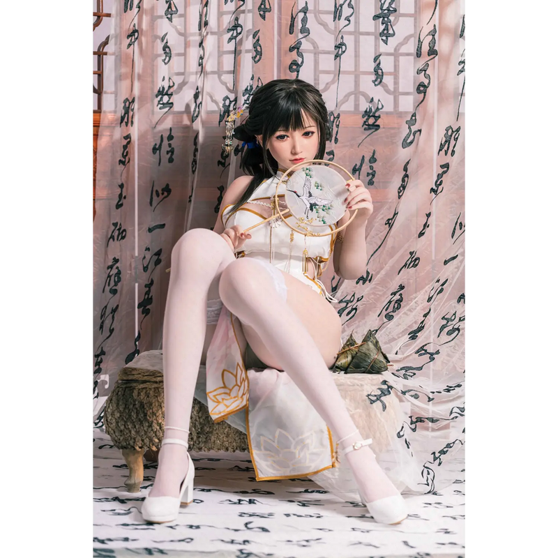 Aitia silicone doll in white lace satin dress with floral embroidery and heels