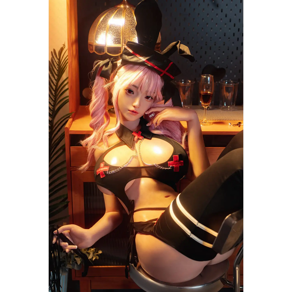 AITIA Bunny Girl silicone sex doll in black lace lingerie with red bows