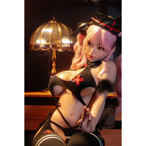 Black lace bunny girl medic silicone sex doll with red cross bow details