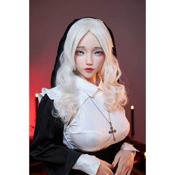 Emily 155cm silicone sex doll in white lace collar shirt with black sleeves, designer MoXueyin cross necklace
