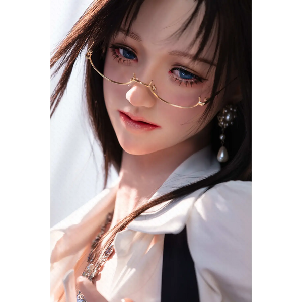 AITIA office lady sex doll in gold wire glasses, pearl earrings, white blouse