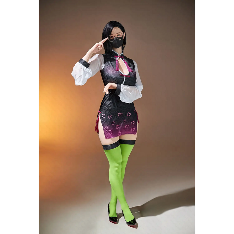 Neon green thigh-high socks with black garters on AITIA Naimi realistic sex doll