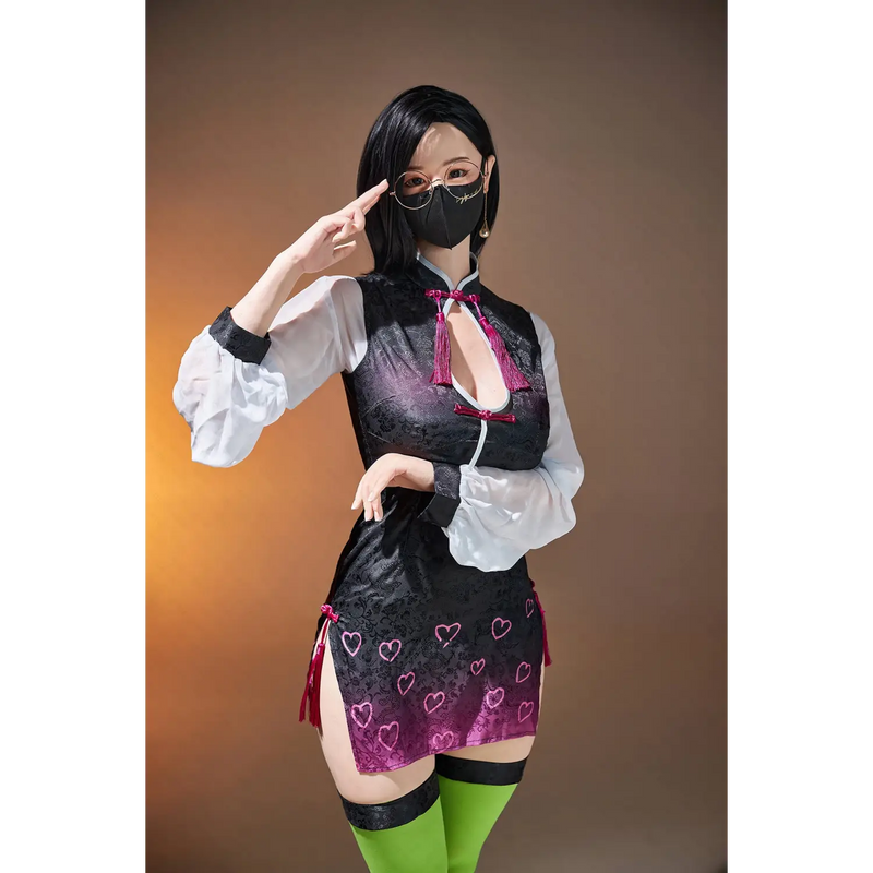 AITIA Naimi realistic sex doll in black lace heart skirt, green socks, sheer blouse