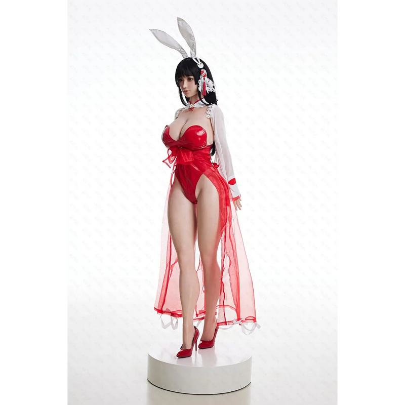 Red bunny sex doll with white accents, sheer skirt, oral type, 157cm GuShiZhu