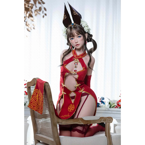 Aitia silicone sex doll in red gold bunny costume with lace and floral headpiece