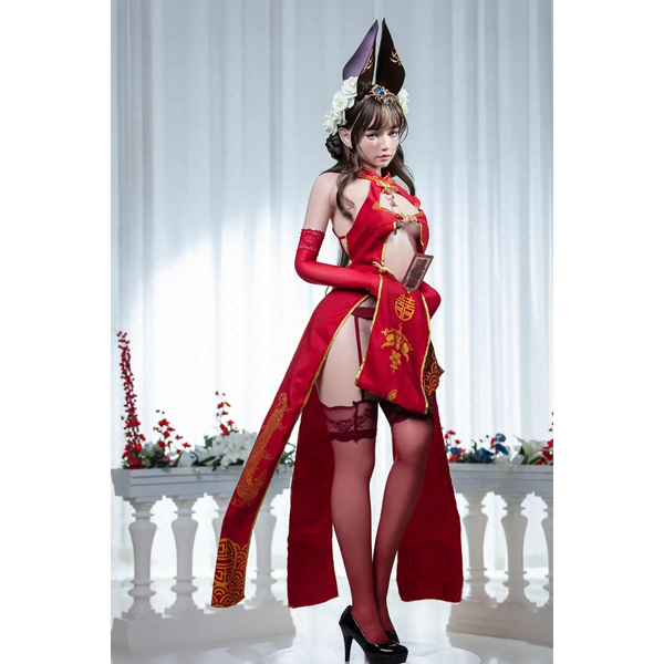 Aitia Silicone sex doll in red lace-trimmed dress with gold accents and heels