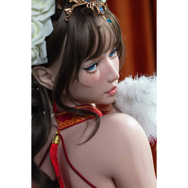 Aitia Silicone Sex Doll in Red Gold Chinese Dress with Floral Headpiece