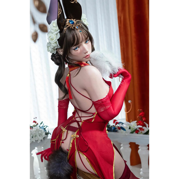 Aitia silicone sex doll in red lace cosplay dress with gold accents