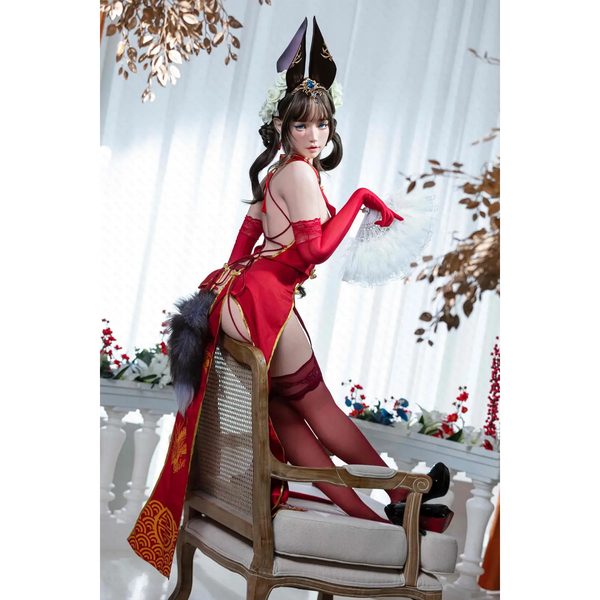 Aitia Silicone red lace corset dress on 155cm sex doll with gloves and hat