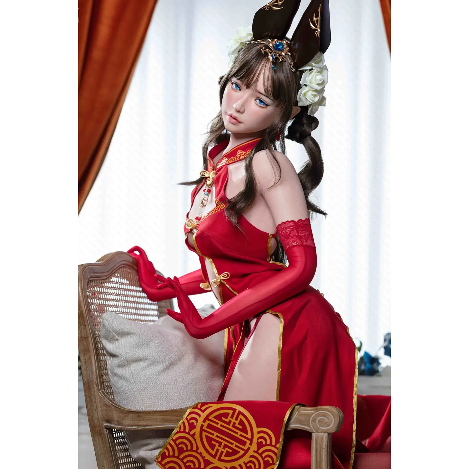 Aitia silicone sex doll in red satin Chinese-inspired cosplay dress with gold trim