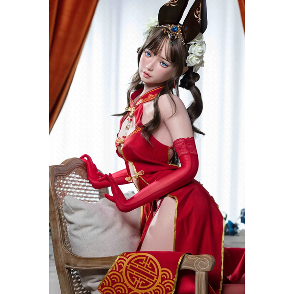 Aitia silicone sex doll in red satin Chinese-inspired cosplay dress with gold trim