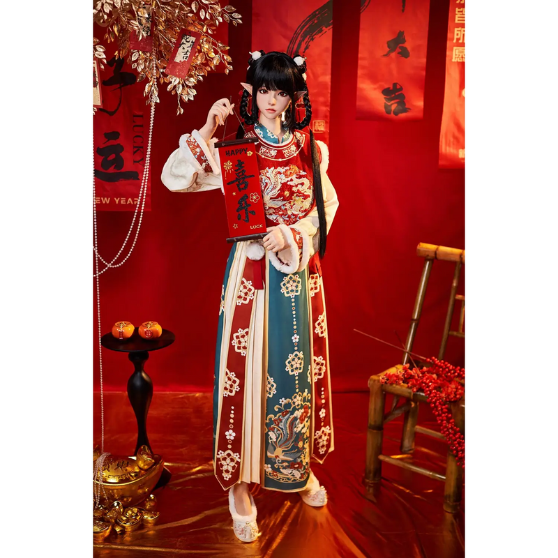 Red and blue dragon-embroidered dress on AITIA 163cm silicone sex doll