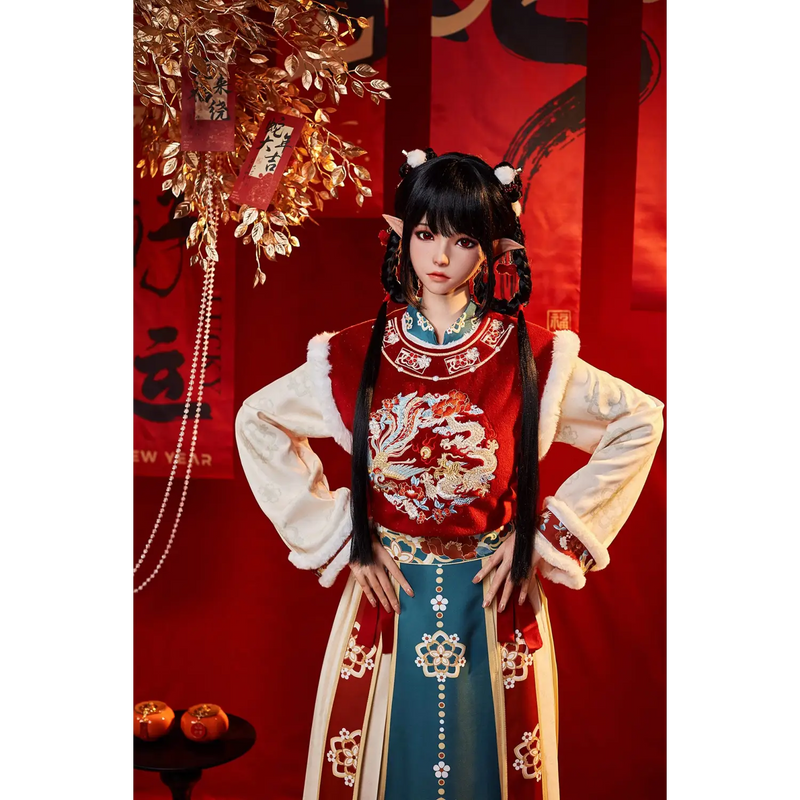 Red and blue dragon hanbok on AITIA 163cm silicone sex doll