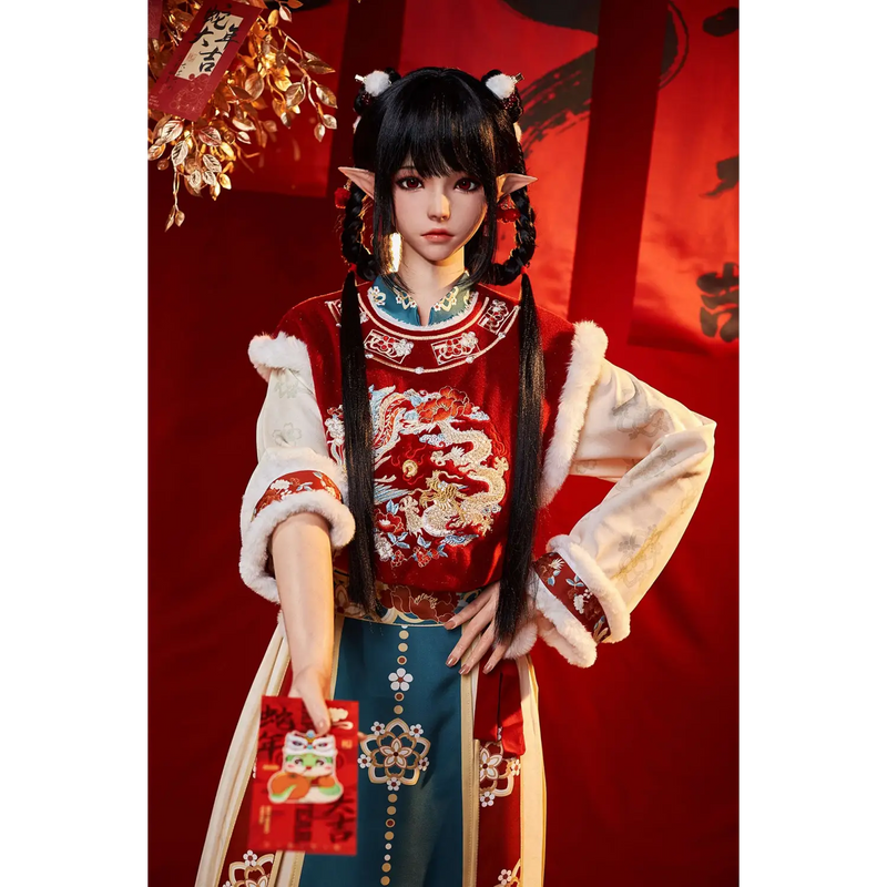 Red dragon embroidered velvet jacket with fur trim on AITIA silicone sex doll