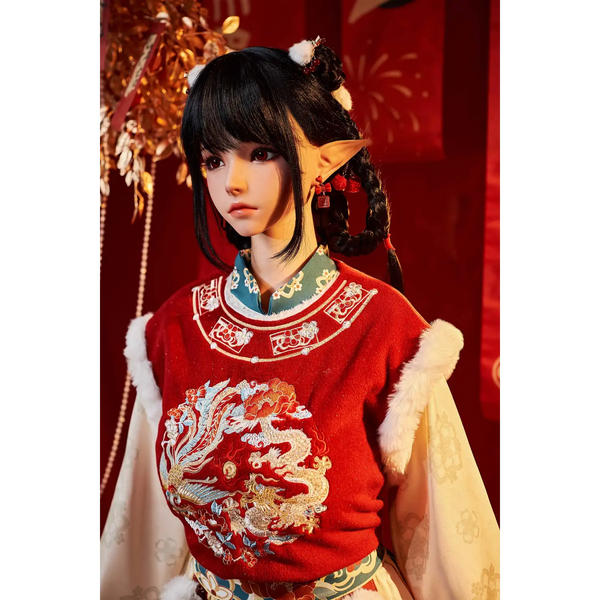 Red dragon embroidered silicone sex doll vest with fur trim