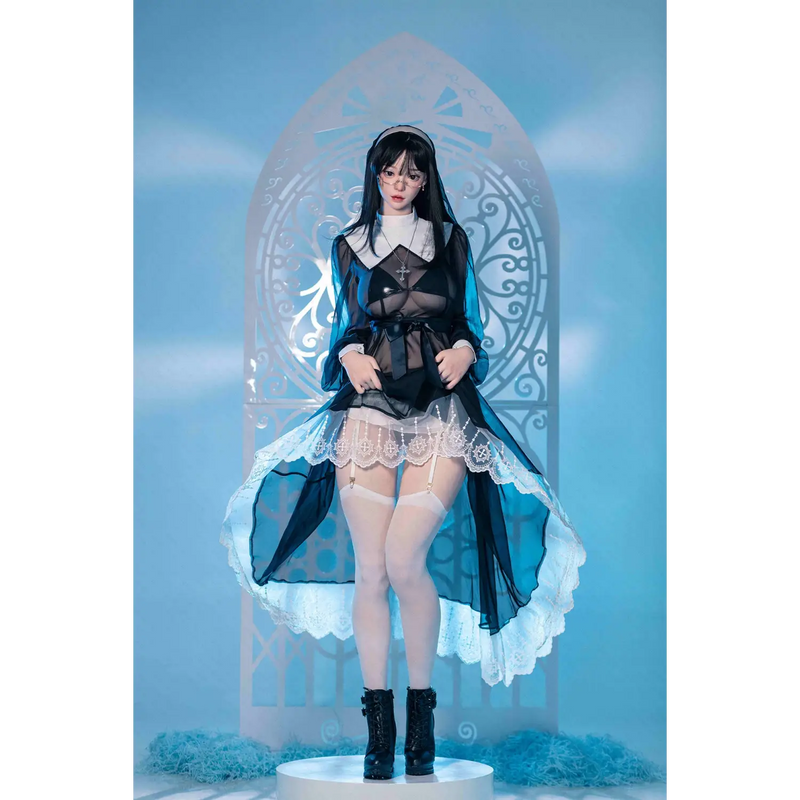 AITIA Aurorus Divus silicone sex doll in blue white lace dress with gothic floral sheer fabric