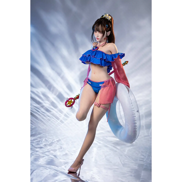 AITIA Silicone Nymphaea sex doll in blue pink ruffled bikini and heels