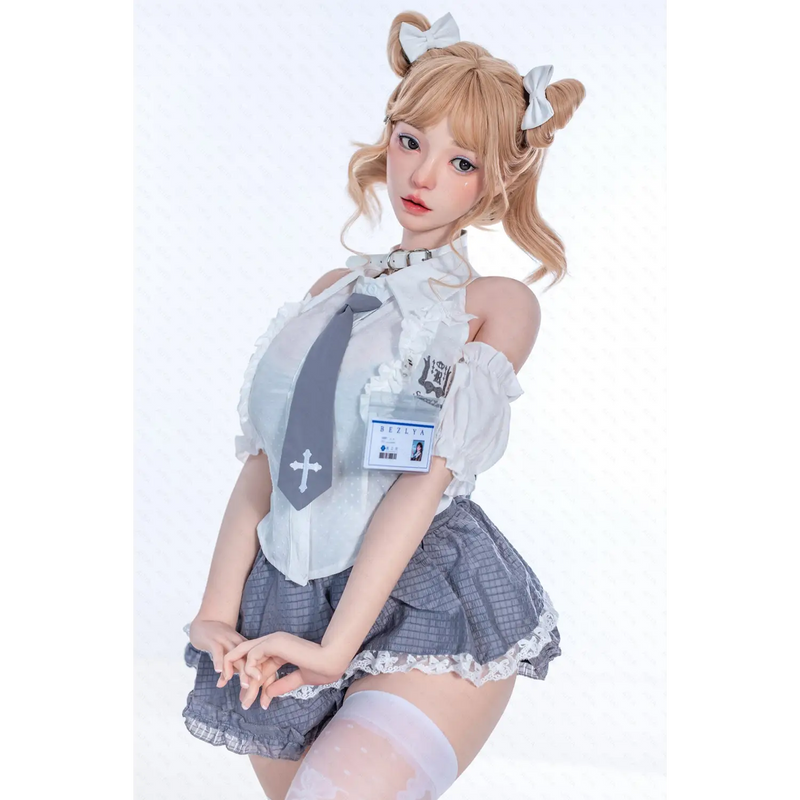 Aitia Puffie Cakie silicone sex doll in white gray sailor dress with lace trim