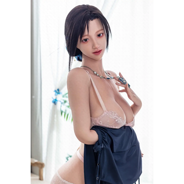 White lace bra with black trim on Aitia silicone sex doll model