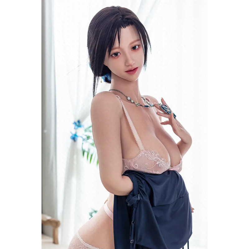 White lace bra with black trim on Aitia silicone sex doll model