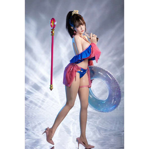 Aitia Silicone sex doll in blue pink bikini, heels, ring, wand