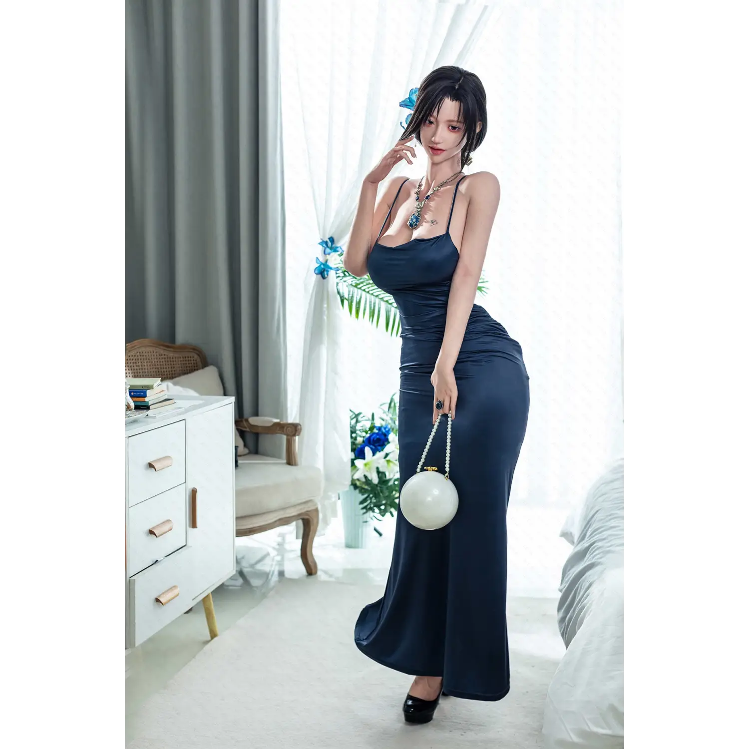 Navy blue satin slip dress on Aitia silicone sex doll, 167cm model