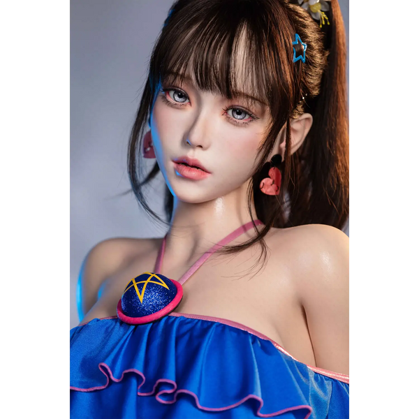 Aitia silicone sex doll in blue satin ruffled dress with pink trim