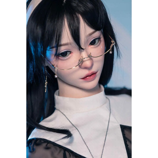 AITIA Aurorus Divus silicone sex doll in white high-neck blouse with black mesh