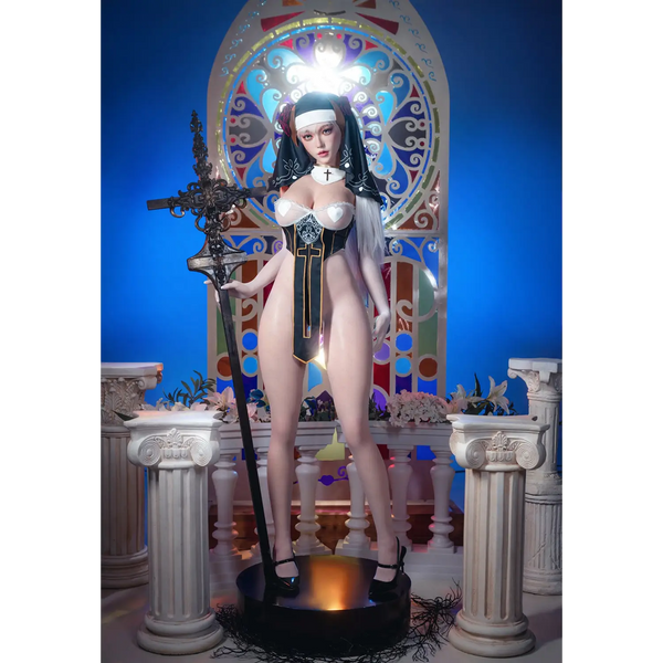 Aitia Nun statue sex doll with glowing halo and metallic accents