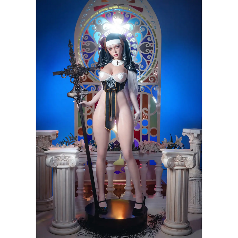Aitia Nun statue sex doll with glowing halo and metallic accents