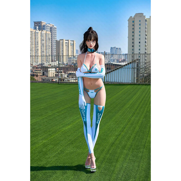 Blue and white striped thigh-high socks with heels on Yulania silicone sex doll