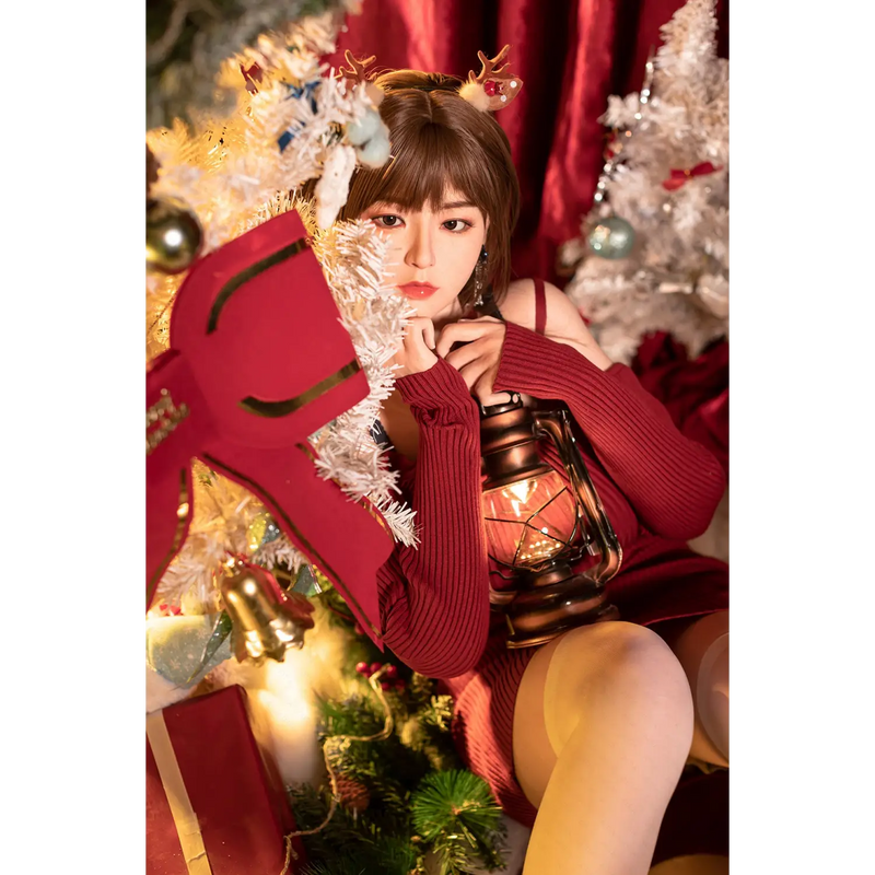Aitia silicone sex doll in red knit sweater with lantern and floral headband