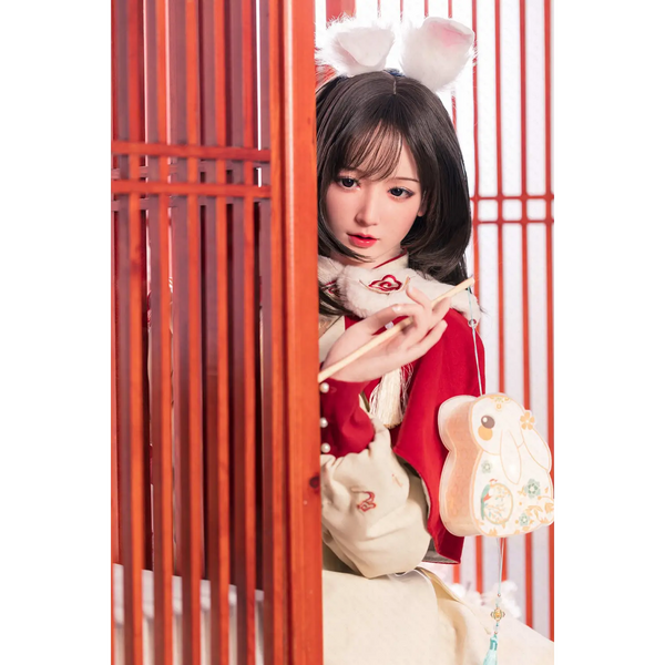 Red and white bunny plush on Aitia silicone sex doll, 163CM platycodon premium