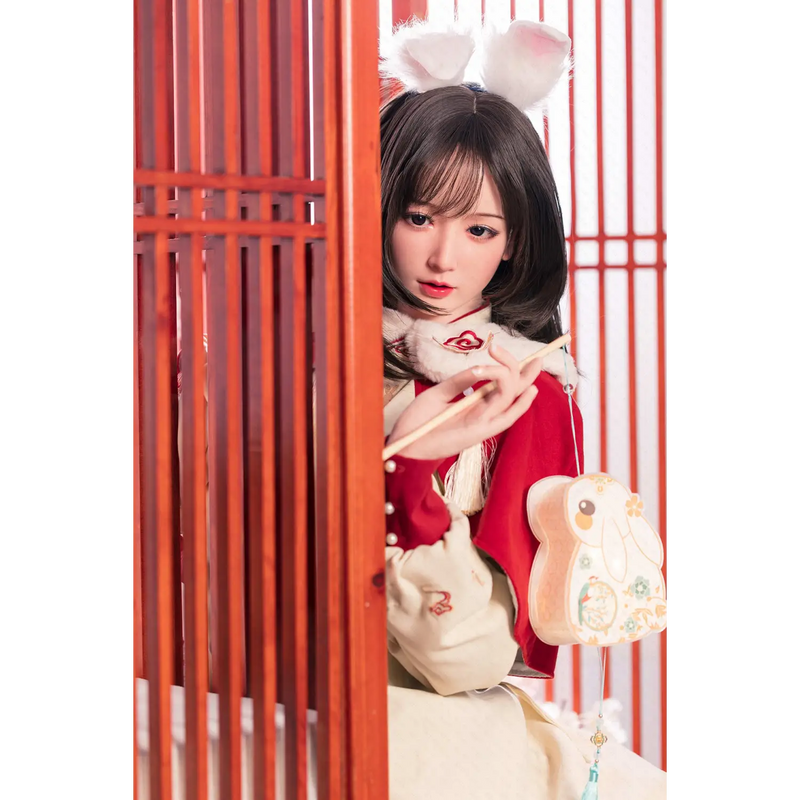 Red and white bunny plush on Aitia silicone sex doll, 163CM platycodon premium