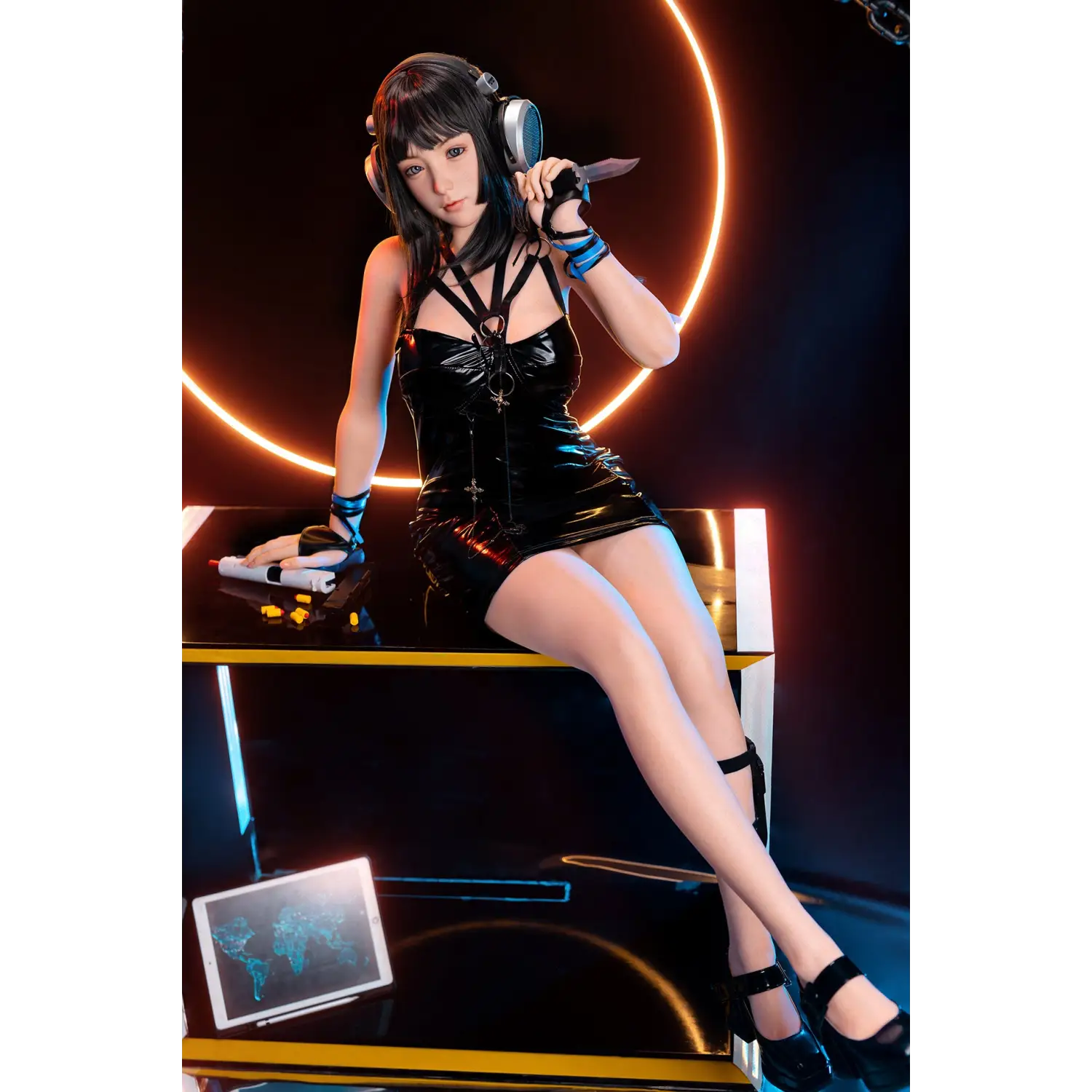 Aitia Silicone sex doll in black patent leather dress with silver hardware and blue accents