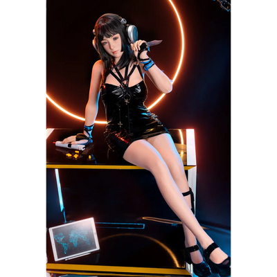 Aitia Silicone sex doll in black patent leather dress with silver hardware and blue accents