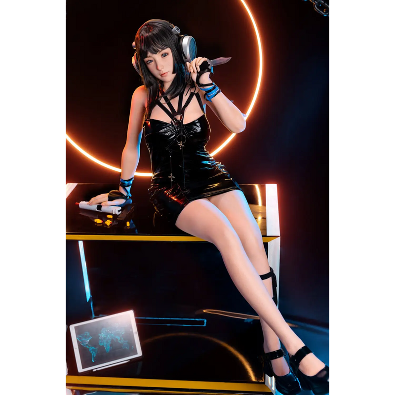 Aitia Silicone sex doll in black patent leather dress with silver hardware and blue accents