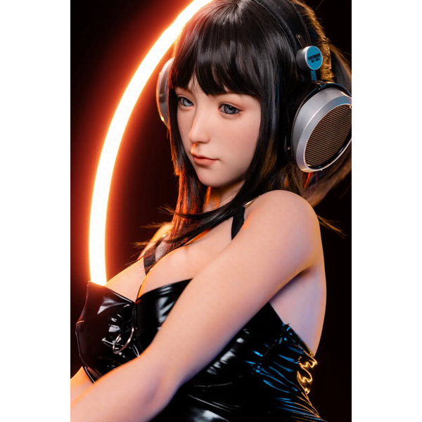 Aitia Silicone sex doll with sleek black patent leather headphones