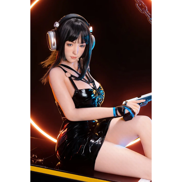 Aitia Silicone sex doll in black leather dress with silver accents and headphones design