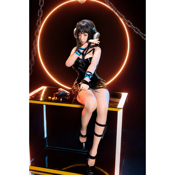 Aitia silicone sex doll with black leather high-heeled boot and silver buckle