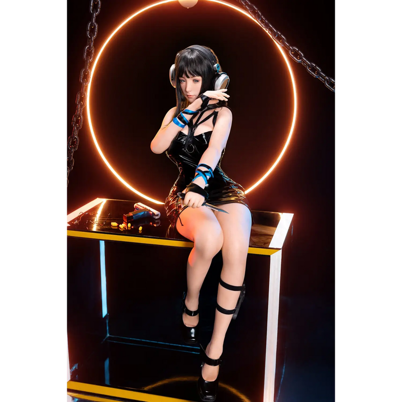 Aitia silicone sex doll with black leather high-heeled boot and silver buckle